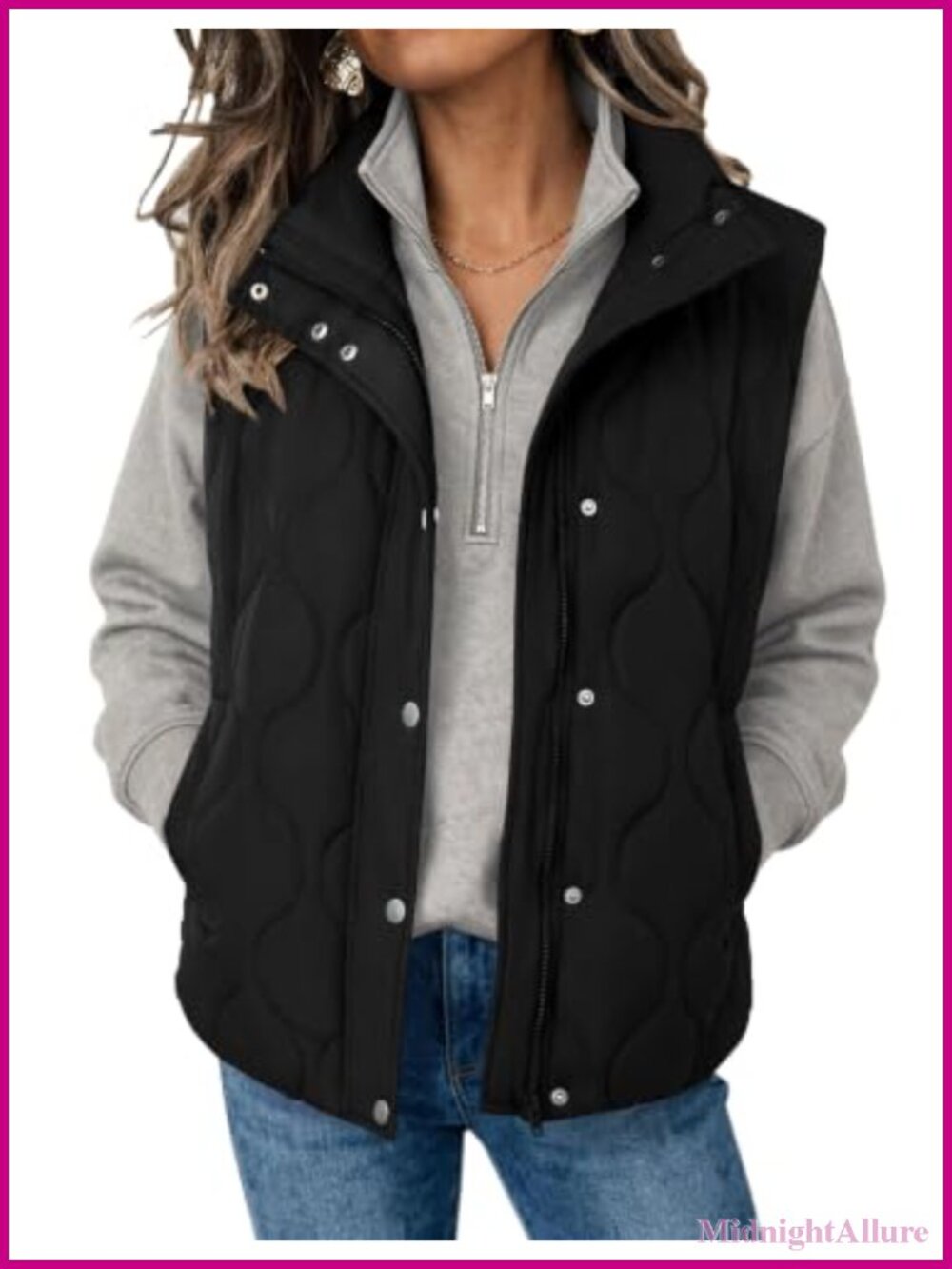 Oversized Quilted Puffer Vest Stand Collar Zip Up Sleeveless Outerwear